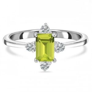 Natural Peridot and White Topaz Emerald Cut Sterling Silver Ring